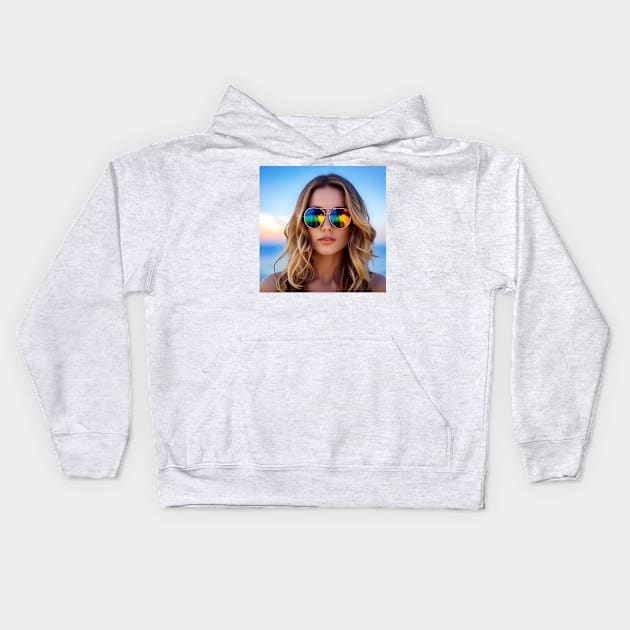 Woman with Mirrored sunglasses Kids Hoodie by Colin-Bentham